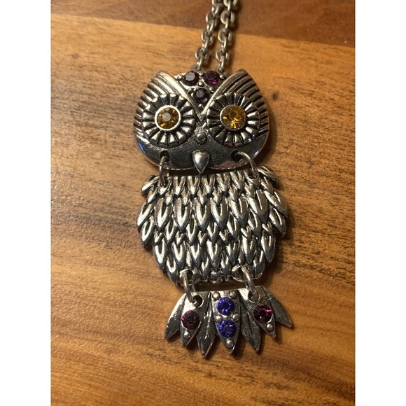 Owl Necklace Articulated Silver Tone Gold Eyes And Other Gems 2" Owl 14" Chain - Picture 1 of 5